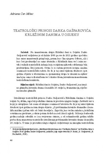 Teatrološki prinosi Darka Gašparovića Krležinim danima u Osijeku / Adriana Car-Mihec