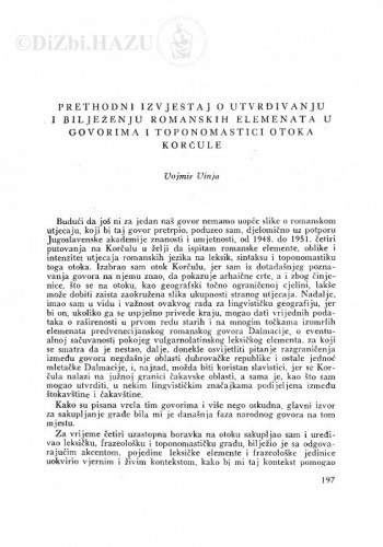Prethodni izvještaj o utvrđivanju i bilježenju romanskih elemenata u govorima i toponomastici otoka Korčule / V. Vinja