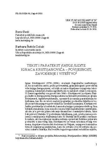 Tekst i paratekst Knjige Judite Ignaca Kristijanovića – povijesnost, zavođenje, viteštvo / Boris Beck, Barbara Štebih Golub