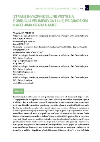 Strane invazivne biljne vrste na području Velimirovca i Lile, prigradskim naseljima grada Našice
 / Tanja Žuna Pfeiffer, Ivana Djedović, Dubravka Špoljarić Maronić, Filip Stević, Nikolina Bek