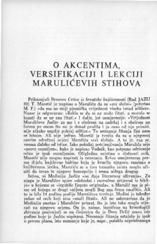 O akcentima, versifikaciji i lekciji Marulićevih stihova / M. Franičević