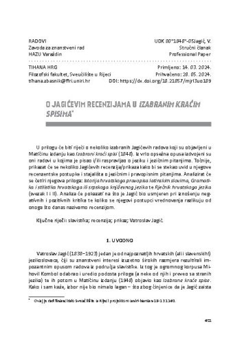 O Jagićevim recenzijama u Izabranim kraćim spisima / Tihana Hrg