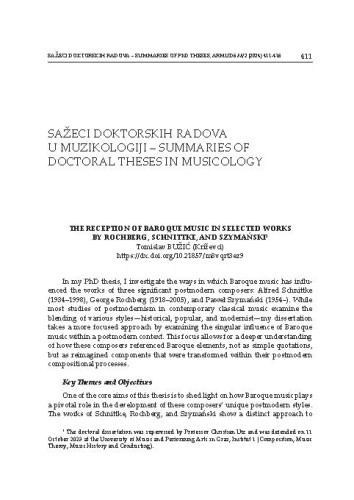 The Reception of Baroque Music in Selected Works by Rochberg, Schnittke, and Szymański / Tomislav Bužić