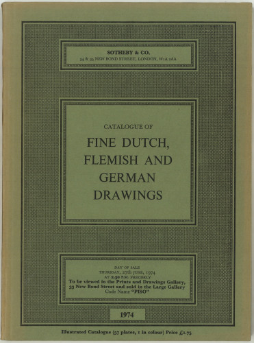 Catalogue of fine Dutch, Flemish and German drawings : including The Rest on the Flight into Egypt by Rembrandt, Vanitas Still Life by Jacob Hoefnagel, Landscape with Ruins by Gillis Nyts, Noli me Tangere by Gerbrand van den Eeckhout, Rocky Landscape by Herman Saftleven, Roman Ruins at Tivoli by Bartholomeus Breenbergh, An Allegory of Music by Jan Harmensz. Müller, David before Abigail by Marten Heemskerk, An Allegory of the Netherlands by Joachim Anthonisz. Wttewael, St. Boniface by Abraham Bloemaert, The Saint Andrew shortening Sail by Willem van de Velde ... : day of sale Thursday, 27th June, 1974 / Sotheby & Co.