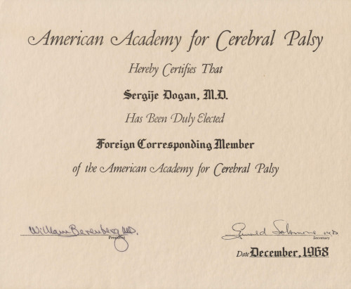 Povelja dopisnog člana Američke akademije za cerebralnu paralizu dr. Sergija Dogana 