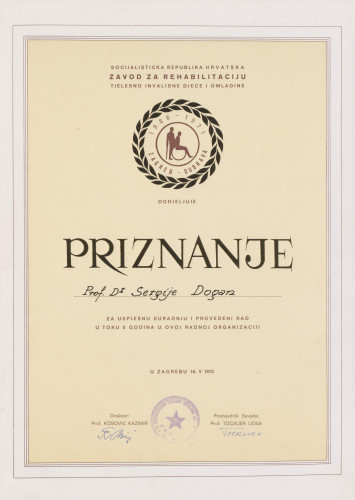 Priznanje Zavoda za rehabilitaciju tjelesno invalidne djece i omladine prof. dr. Sergiju Doganu