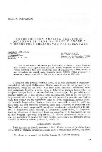 Antropološka analiza skeletnih ostankov iz urne nadjene v grobu 7 v nekropoli Drljanovac pri Bjelovaru / Marija Štefančić