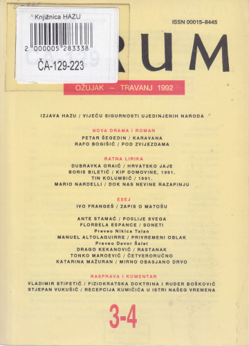 God. 31(1992), knj. 63, br. 3-4 (ožujak-travanj) / glavni i odgovorni urednik Slavko Mihalić ; urednik Dubravko Jelčić