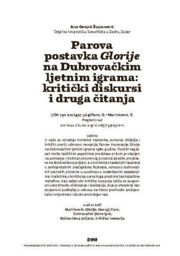 Parova postavka Glorije na Dubrovačkim ljetnim igrama: kritički diskursi i druga čitanja / Ana Gospić Županović