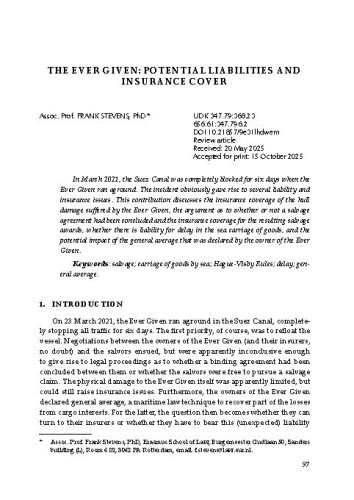 The Ever Given: Potential Liabilities and Insurance Cover / Frank Stevens