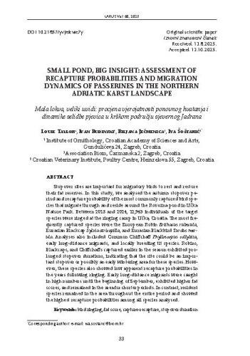 Small pond, big insight: assessment of recapture probabilities and migration dynamics of passerines in the northern Adriatic karst landscape / Louie Taylor, Ivan Budinski, Biljana Ječmenica, Iva Šoštarić 