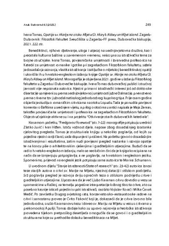 Ivana Tomas, Opatija sv. Marije na otoku Mljetu/St. Mary's Abbey on Mljet Island, Zagreb-Dubrovnik: Filozofski fakultet
Sveučilišta u Zagrebu-FF press, Dubrovačka biskupija, 2021. : [prikaz] / Ivan Mrnarević