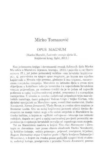 Opus magnum : (Marko Marulić, Latinska manja djela II., Književni krug, Split, 2011.) / Mirko Tomasović
