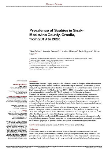 Prevalence of Scabies in Sisak-Moslavina County, Croatia, from 2019 to 2023
 / Klara Gaćina, Antonija Balenović, Andrea Mileković, Paola Negovetić, Mirna Šitum