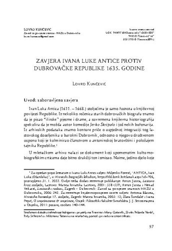 Zavjera Ivana Luke Antice protiv Dubrovačke Republike 1635. godine / Lovro Kunčević