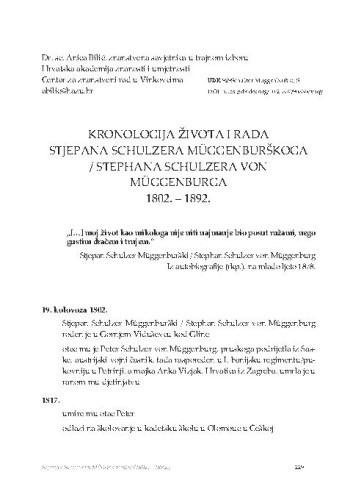 Kronologija života i rada Stjepana Schulzera Müggenburškoga / Stephana Schulzera von Müggenburga 1802. – 1892. / Anica Bilić