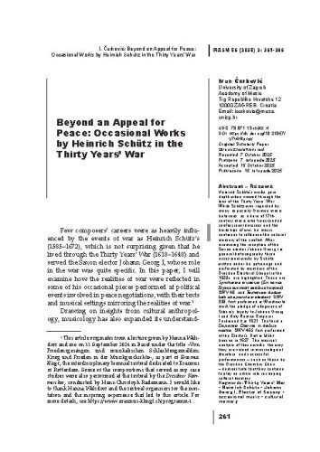 Beyond an Appeal for Peace: Occasional Works by Heinrich Schütz in the Thirty Years’ War
/ Ivan Ćurković