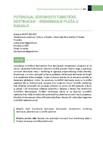 Potencijal izvrsnosti turističke destinacije - brendiranje plaža u Baranji / Snježana Barić-Šelmić, Đurđica Lukšić