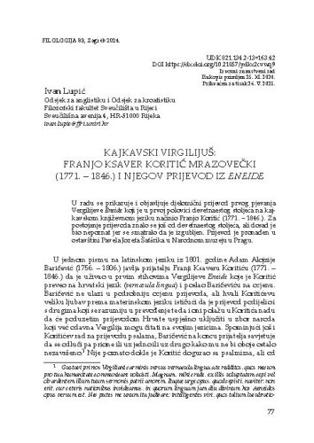 Kajkavski Virgilijuš: Franjo Ksaver Koritić Mrazovečki (1771-1846) i njegov prijevod iz Eneide / Ivan Lupić