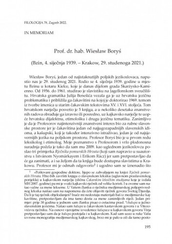 Prof. dr. hab. Wiesław Boryś : (Bzin, 4. siječnja 1939. – Krakow, 29. studenog 2021.) : in memoriam / Đuro Blažeka