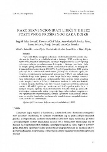 Kako sekvencionirati liječenje HER2 pozitivnog proširenog raka dojke? / Ingrid Belac Lovasić, Eleonora Cini Tešar, Ana-Marija Bukovica Petrc, Ivona Jerković, Franjo Lovasić, Ana Car Peterko