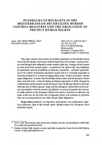 Pushbacks of Migrants in the Mediterranean: Reconciling Border Control Measures and the Obligation to Protect Human Rights / Petra Perišić, Paulina Ostojić