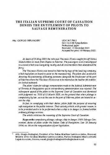 The Italian Supreme Court of Cassation Denies the Entitlement of Pilots to Salvage Remuneration / Giorgio Berlingieri