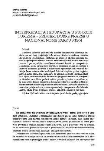 
Interpretacija i edukacija u funkciji turizma primjeri dobre prakse u Nacionalnome parku Krka / Branka Telenta