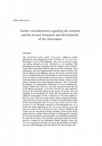 Further considerations regarding the contents and the textual formation and development of the Harivaṃśa / Horst Brinkhaus