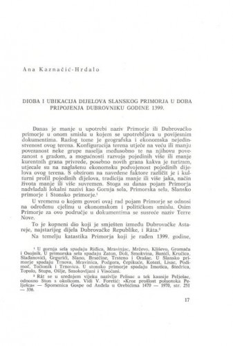 Dioba i ubikacija dijelova Slanskog primorja u doba pripojenja Dubrovniku godine 1399. / Ana Kaznačić-Hrdalo