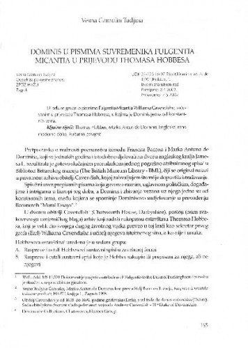 Dominis u pismima suvremenika Fulgentia Micantia u prijevodu Thomasa Hobbesa / Vesna Gamulin-Tudjina