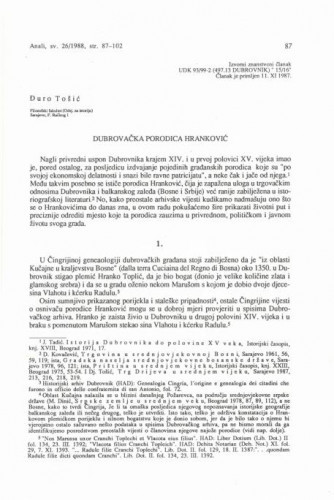 Dubrovačka porodica Hranković / Đuro Tošić