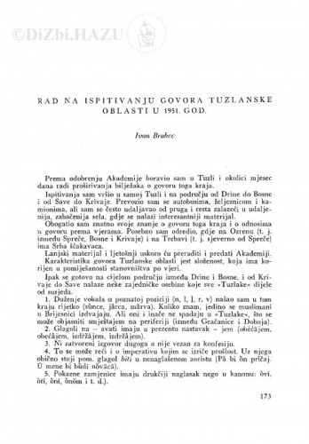 Rad na ispitivanju govora Tuzlanske oblasti u 1951. god. / I. Brabec