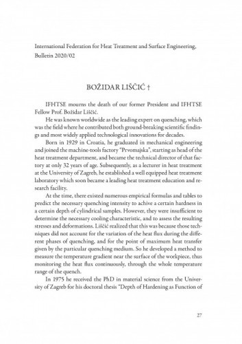 Božidar Liščić / International Federation for Heat Treatment and Surface Engineering, Bulletin 2020/02