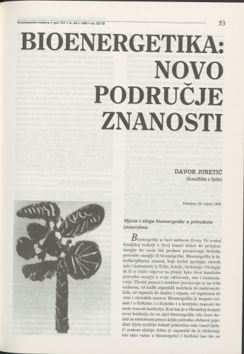 Bioenergetika : novo područje znanosti / Davor Juretić