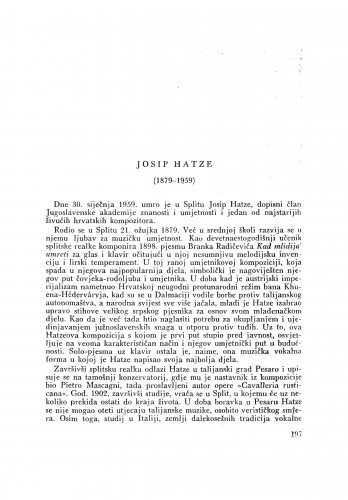 Josip Hatze (1879-1959) : [nekrolog] / J. Andreis