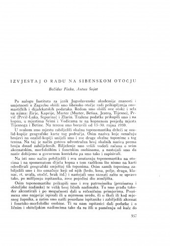 Izvještaj o radu na šibenskom otočju / B. Finka i A. Šojat
