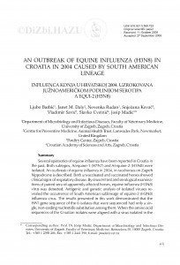An outbreak of equine influenza (H3N8) in Croatia in 2004 caused by South American lineage = Influenca konja u Hrvatskoj 2004. uzrokovana južnoameričkom podlinijom serotipa A equine-2 (H3N8) / Ljubo Barbić, Janet M. Daly, Nevenka Rudan, Snježana Kovač, Vladimir Savić, Slavko Cvetnić, Josip Madić