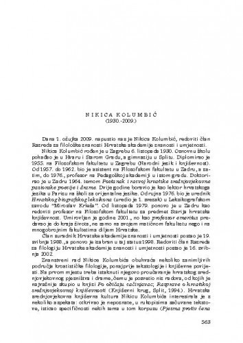 Nikica Kolumbić (1930.-2009.) : [nekrolog] / Dunja Fališevac