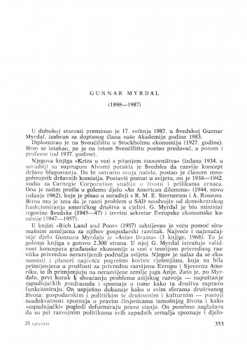 Gunnar Myrdal (1898-1987) : [nekrolozi] / Vladimir Stipetić