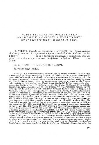 Popis izdanja Jugoslavenske akademije objelodanjenih u godini 1989.