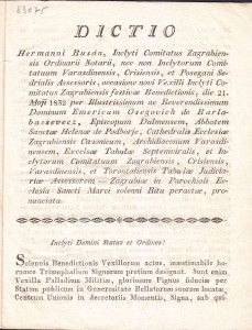 Dictio Hermanni Busan ... occasione novi vexilli incl. comitatus Zagrabiensis festivae benedictionis, die 21. Maji 1832 per… dominum Emericum Osegovich de Barlabassevecz, ... Zagrabiae in parochiali ecclesia s. Marci solenni ritu peractae, pronunciata