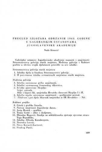 Pregled izložaba održanih 1963. godine u galerijskim ustanovama Jugoslavenske akademije / N. Šimunić