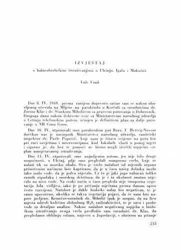 Izvještaj o balneobiološkim istraživanjima u Ulcinju, Igalu i Mokošici / V. Vouk