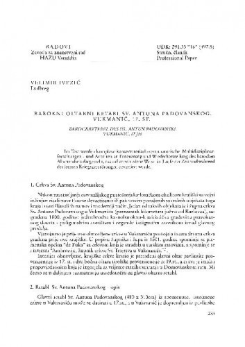 Barokni oltarni retabl Sv. Antuna Padovanskog, Vukmanić, 17. st. / Velimir Ivezić