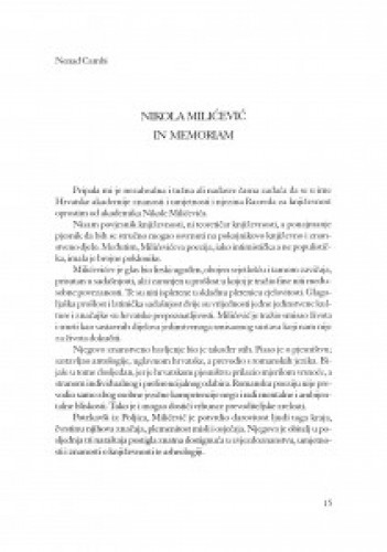 In memoriam Nikola Milićević : govor na pokopu posmrtnih ostataka, Zvečanj 4. ožujka 1999.