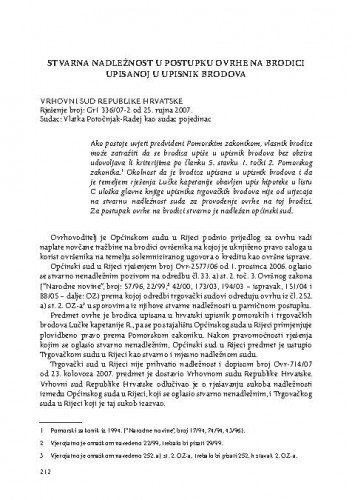 Stvarna nadležnost u postupku ovrhe na brodici upisanoj u upisnik brodova : [prikaz presude] / Vesna Skorupan Wolff