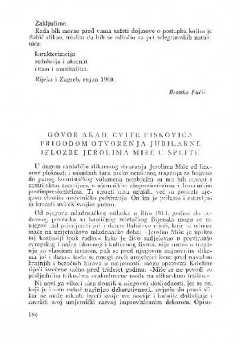 Govor akad. Cvite Fiskovića prigodom otvorenja jubilarne izložbe Jerolima Miše u Splitu / Cvito Fisković