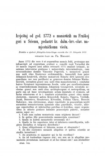 Izvještaj od god. 1772 o manastirih na Fruškoj gori u Sriemu, podastrt kr. dalm.-hrv.-slav. namjestničkomu vieću / Frane Miklošić