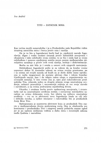 Tito - zatočnik mira / I. Andrić